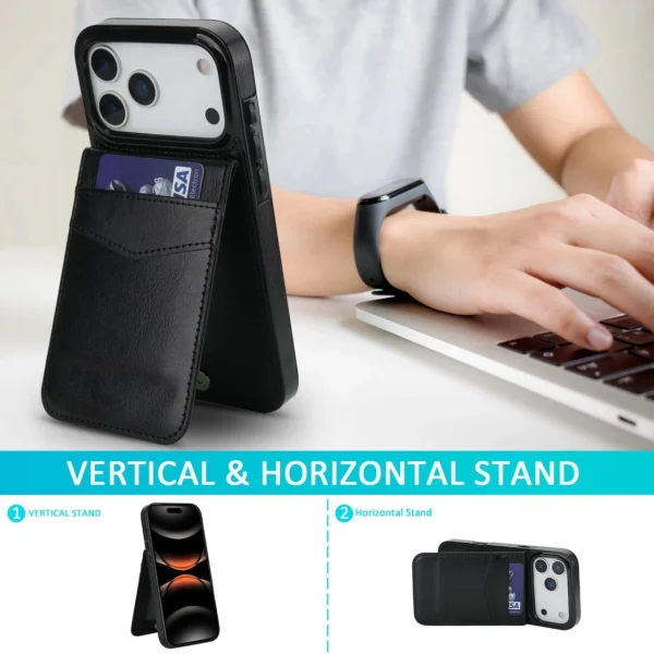 black stand1 iPhone 17 & 18 Series Leer Wallet Case met Kaarthouder & Stand