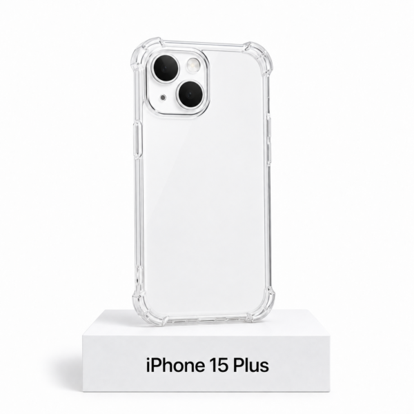 Transparant siliconen iPhone 15 Plus-hoesje met camerabescherming en extra anti-fall bescherming aan de zijkanten