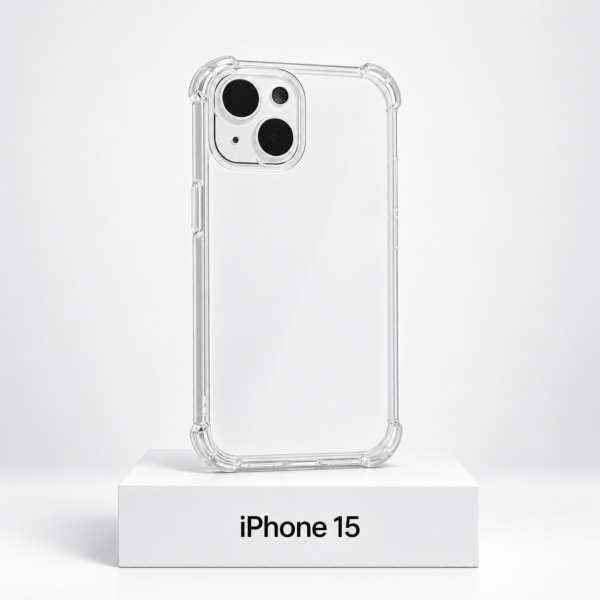 Transparant siliconen iPhone 15-hoesje met camerabescherming en extra anti-fall bescherming aan de zijkanten
