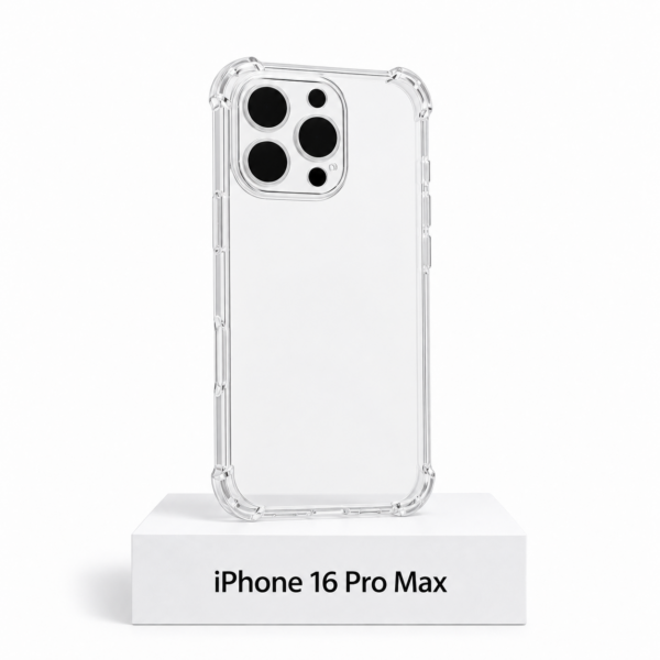 Transparant siliconen iPhone 16 Pro Max-hoesje met camerabescherming en extra anti-fall bescherming aan de zijkanten