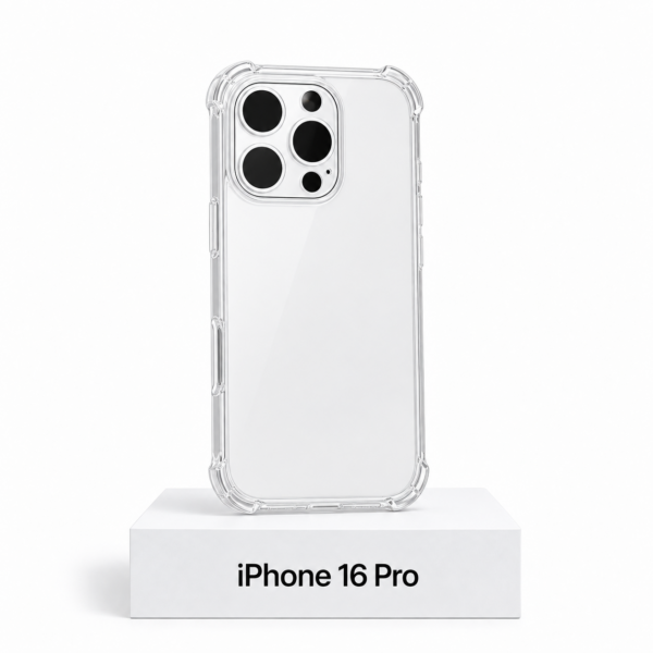 Transparant siliconen iPhone 16 Pro-hoesje met camerabescherming en extra anti-fall bescherming aan de zijkanten
