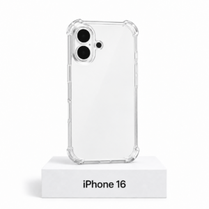 Transparant siliconen iPhone 16-hoesje met camerabescherming en extra anti-fall bescherming aan de zijkanten