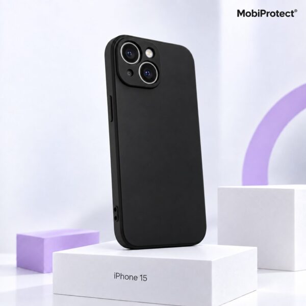Zwart siliconen iPhone 15 hoesje met camera bescherming
