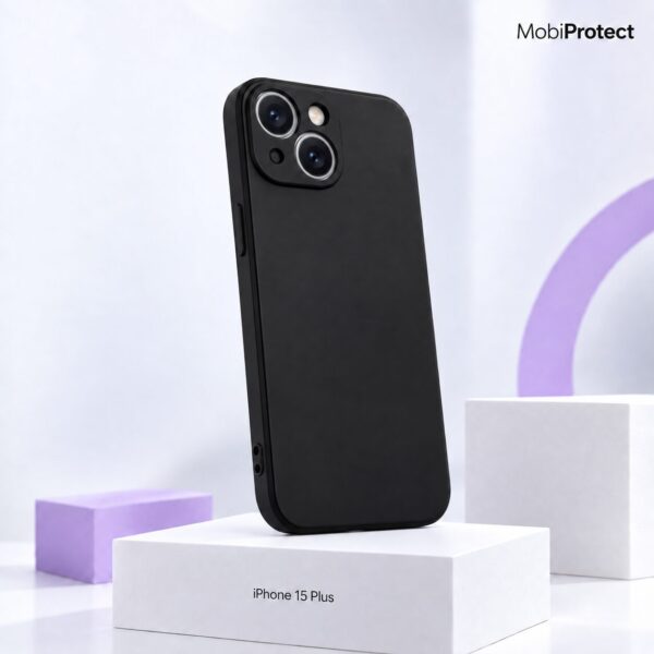 Zwart siliconen iPhone 15 Plus hoesje met camera bescherming