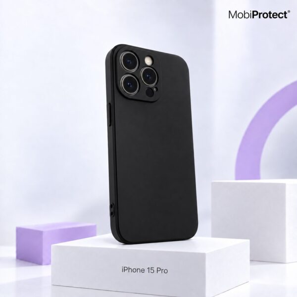 Zwart siliconen iPhone 15 Pro hoesje met camera bescherming
