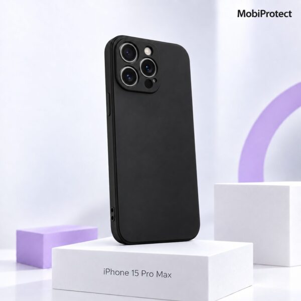 Zwart siliconen iPhone 15 Pro Max hoesje met camera bescherming