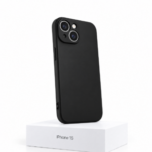 Zwart siliconen iPhone 15 hoesje met camerabescherming op witte achtergrond