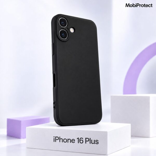 Zwart siliconen iPhone 16 Plus hoesje met camera bescherming