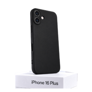 Zwart siliconen iPhone 16 Plus hoesje met camerabescherming op witte achtergrond