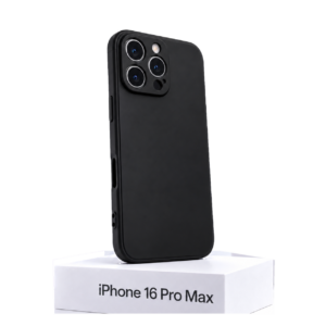 Zwart siliconen iPhone 16 Pro Max hoesje met camerabescherming op witte achtergrond