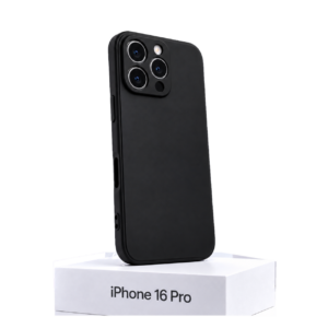 Zwart siliconen iPhone 16 Pro hoesje met camerabescherming op witte achtergrond