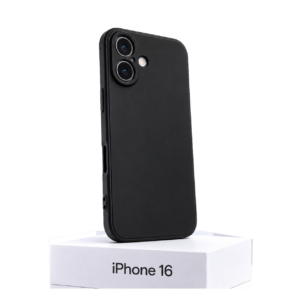 Zwart siliconen iPhone 16 hoesje met camerabescherming op witte achtergrond