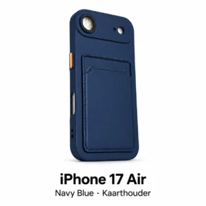iPhone 17 Air hoesje met kaarthouder in Navy Blue, met modelnaam op witte achtergrond