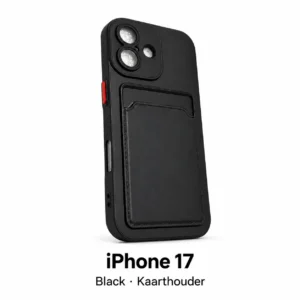 iPhone 17 hoesje met kaarthouder in Black, met modelnaam op witte achtergrond