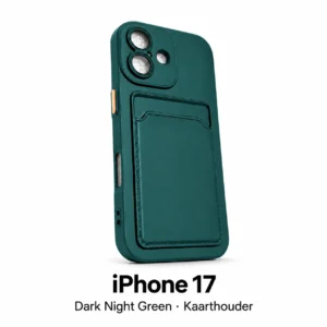 iPhone 17 hoesje met kaarthouder in Dark Night Green, met modelnaam op witte achtergrond