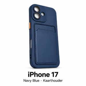 iPhone 17 hoesje met kaarthouder in Navy Blue, met modelnaam op witte achtergrond