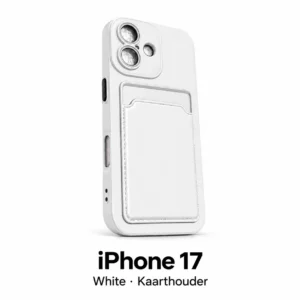 iPhone 17 hoesje met kaarthouder in White, met modelnaam op witte achtergrond