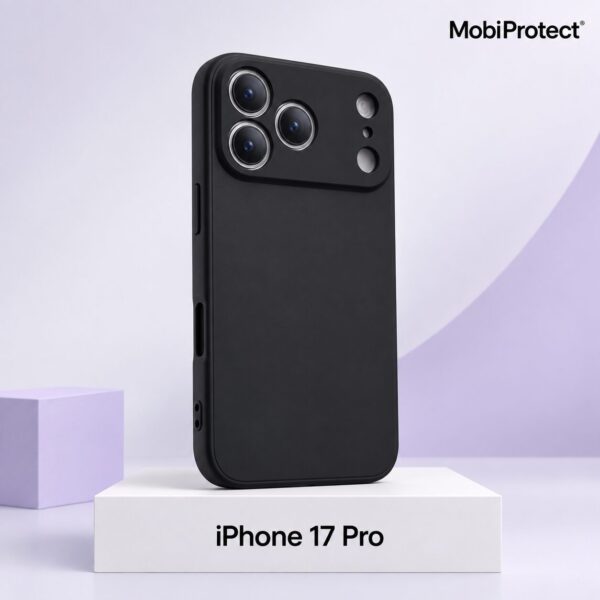 Zwart siliconen iPhone 17 Pro hoesje met camera bescherming