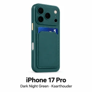 iPhone 17 Pro hoesje met kaarthouder in Dark Night Green, met modelnaam op witte achtergrond