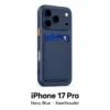 iPhone 17 Pro hoesje met kaarthouder in Navy Blue, met modelnaam op witte achtergrond