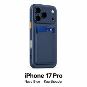 iPhone 17 Pro hoesje met kaarthouder in Navy Blue, met modelnaam op witte achtergrond