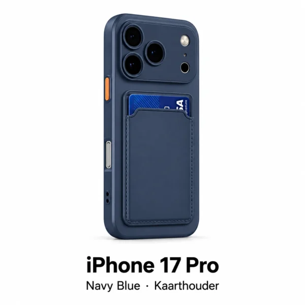 iPhone 17 Pro hoesje met kaarthouder in Navy Blue, met modelnaam op witte achtergrond