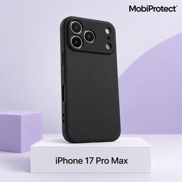 Zwart siliconen iPhone 17 Pro Max hoesje met camera bescherming