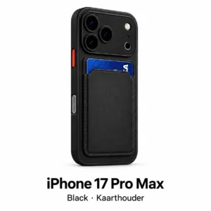 iPhone 17 Pro Max hoesje met kaarthouder in Black, met modelnaam op witte achtergrond