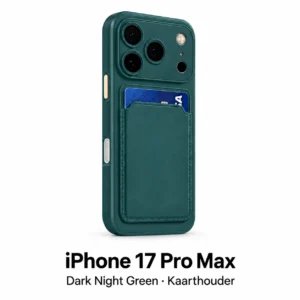 iPhone 17 Pro Max hoesje met kaarthouder in Dark Night Green, met modelnaam op witte achtergrond