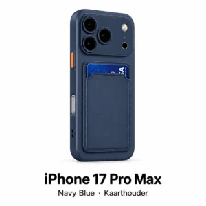 iPhone 17 Pro Max hoesje met kaarthouder in Navy Blue, met modelnaam op witte achtergrond