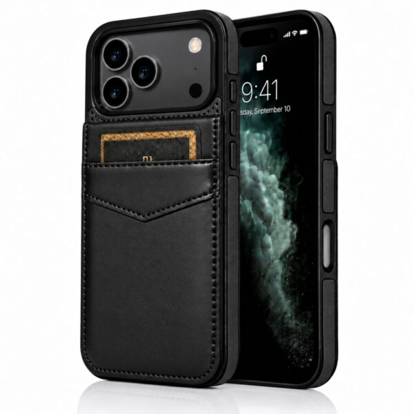 Zwarte iPhone 17 Pro en Pro Max leren wallet case