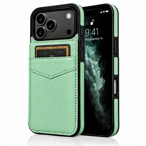 Mint iPhone 17 Pro en Pro Max leren wallet case
