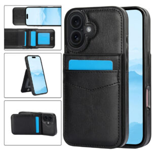iPhone 17 Leer Wallet Case met Kaarthouder & Stand – Black