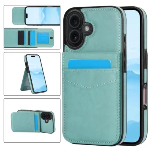 iPhone 17 Leer Wallet Case met Kaarthouder & Stand – Mint