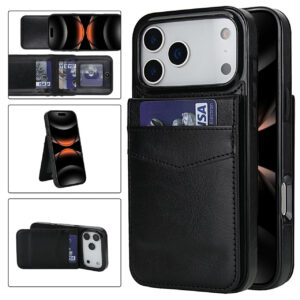 iPhone 17 Pro Leer Wallet Case met Kaarthouder & Stand – Black