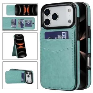 iPhone 17 Pro Leer Wallet Case met Kaarthouder & Stand – Mint