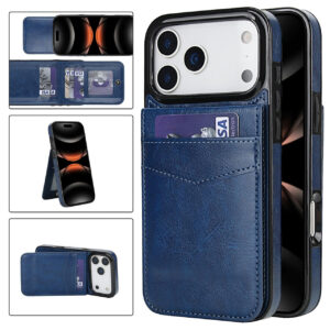 iPhone 17 Pro Leer Wallet Case met Kaarthouder & Stand – Navy Blue