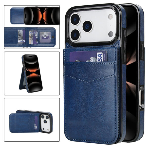 main kaart ip17 pro - pro max navy blue iPhone 17 & 18 Series Leer Wallet Case met Kaarthouder & Stand