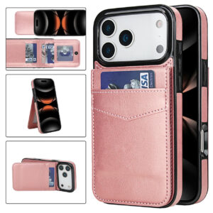 iPhone 18 Pro Max Leer Wallet Case met Kaarthouder & Stand – Rose Gold