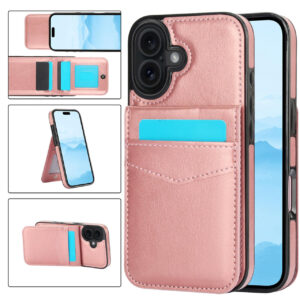 iPhone 17 Leer Wallet Case met Kaarthouder & Stand – Rose Gold