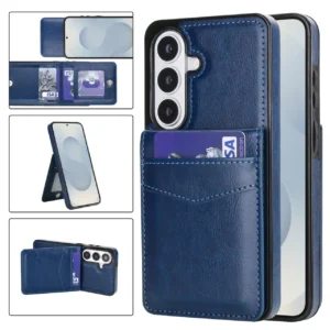 Samsung S26 Plus wallet case met kaarthouder en stand in Navy Blue