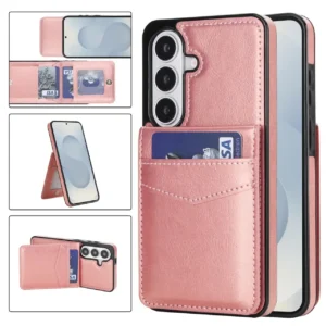Samsung S26 wallet case met kaarthouder en stand in Rose Gold